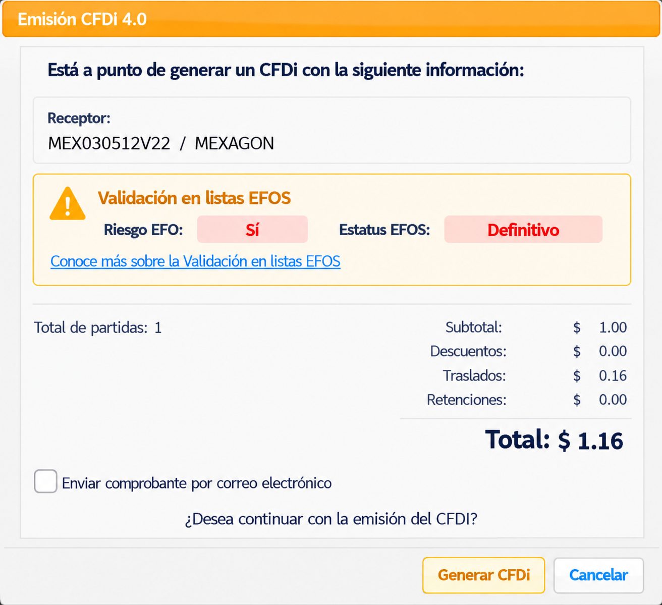 Ejemplo de consulta de riesgo y estatus EFOS antes de emitir un CFDI