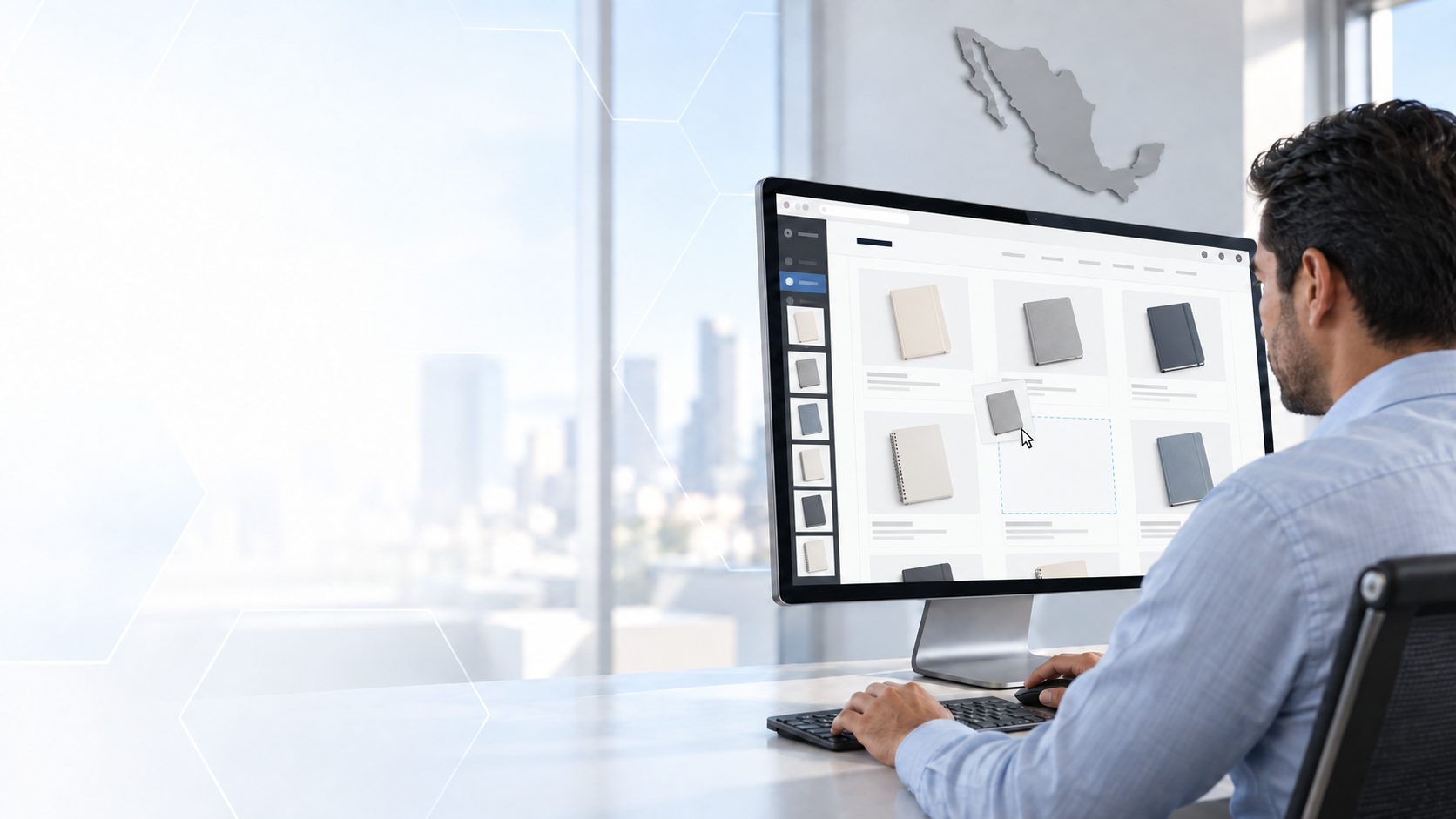 Profesional trabajando en un catálogo web, con un mapa de México al fondo