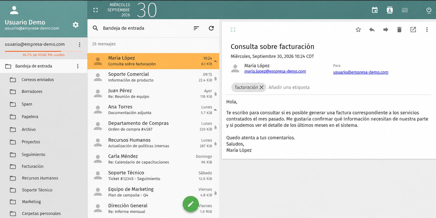 Bandeja de entrada del correo corporativo MEXAGON